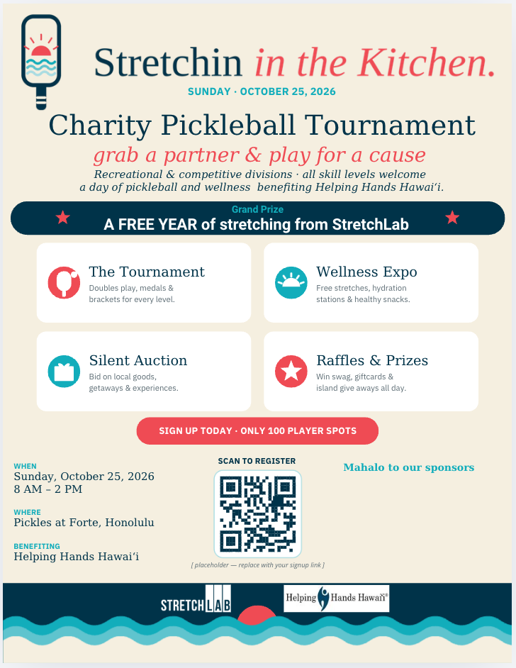 Stretchin' in the Kitchen event flyer: charity pickleball tournament, wellness expo, silent auction and raffles